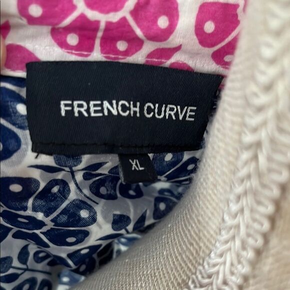 French Curve Navy/Pink Floral Button-Up Shirt Roll tab sleeves NWOT - Picture 2 of 9